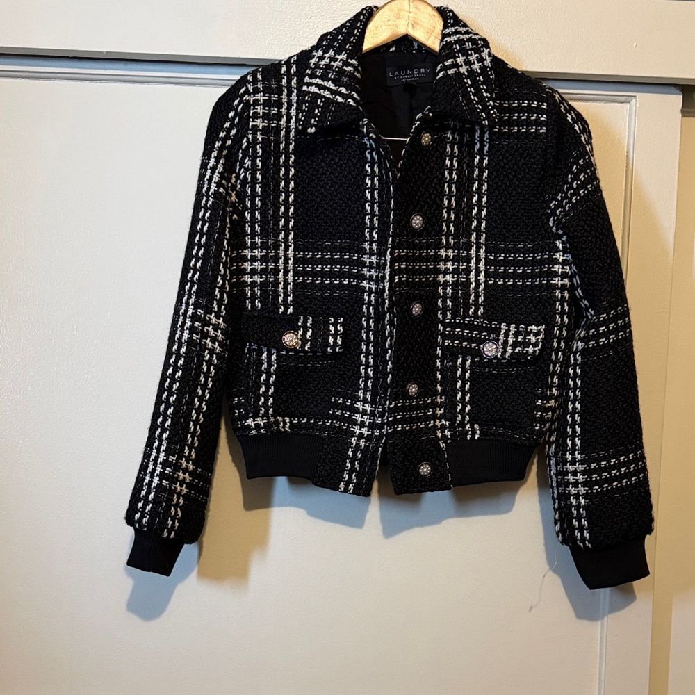 Laundry By Shelli Segal Black & White Plaid Tweed Bomber Jacket